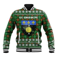 Guadeloupe Christmas Baseball Jacket with Green-Red Plaid Design, Sun and Sugarcane Emblem, and Santa Sleigh Motif - Wonder Print Shop