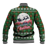 Guadeloupe Christmas Baseball Jacket with Green-Red Plaid Design, Sun and Sugarcane Emblem, and Santa Sleigh Motif - Wonder Print Shop