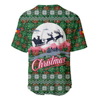 Guadeloupe Christmas Baseball Jersey with Green-Red Plaid Design, Sun and Sugarcane Emblem, and Santa Sleigh Motif - Wonder Print Shop