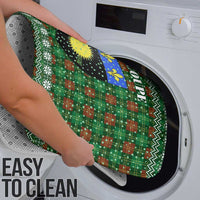 Guadeloupe Christmas Bathroom Set with Green-Red Plaid Design, Sun and Sugarcane Emblem, and Santa Sleigh Motif - Wonder Print Shop