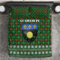 Guadeloupe Christmas Bedding Set with Green-Red Plaid Design, Sun and Sugarcane Emblem, and Santa Sleigh Motif - Wonder Print Shop