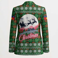 Guadeloupe Christmas Blazer with Green-Red Plaid Design, Sun and Sugarcane Emblem, and Santa Sleigh Motif - Wonder Print Shop
