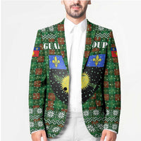 Guadeloupe Christmas Blazer with Green-Red Plaid Design, Sun and Sugarcane Emblem, and Santa Sleigh Motif - Wonder Print Shop