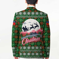 Guadeloupe Christmas Blazer with Green-Red Plaid Design, Sun and Sugarcane Emblem, and Santa Sleigh Motif - Wonder Print Shop