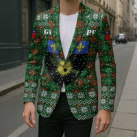 Guadeloupe Christmas Blazer with Green-Red Plaid Design, Sun and Sugarcane Emblem, and Santa Sleigh Motif - Wonder Print Shop