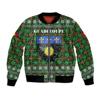 Guadeloupe Christmas Bomber Jacket with Green-Red Plaid Design, Sun and Sugarcane Emblem, and Santa Sleigh Motif - Wonder Print Shop