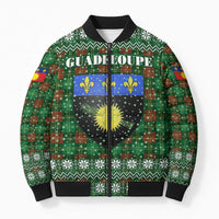 Guadeloupe Christmas Bomber Puffer Jacket with Green-Red Plaid Design, Sun and Sugarcane Emblem, and Santa Sleigh Motif - Wonder Print Shop