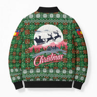 Guadeloupe Christmas Bomber Puffer Jacket with Green-Red Plaid Design, Sun and Sugarcane Emblem, and Santa Sleigh Motif - Wonder Print Shop