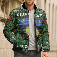 Guadeloupe Christmas Bomber Puffer Jacket with Green-Red Plaid Design, Sun and Sugarcane Emblem, and Santa Sleigh Motif - Wonder Print Shop