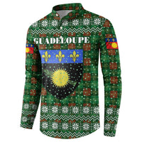 Guadeloupe Christmas Button Sweatshirt with Green-Red Plaid Design, Sun and Sugarcane Emblem, and Santa Sleigh Motif - Wonder Print Shop