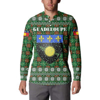 Guadeloupe Christmas Button Sweatshirt with Green-Red Plaid Design, Sun and Sugarcane Emblem, and Santa Sleigh Motif - Wonder Print Shop