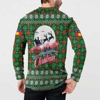Guadeloupe Christmas Button Sweatshirt with Green-Red Plaid Design, Sun and Sugarcane Emblem, and Santa Sleigh Motif - Wonder Print Shop