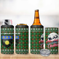 Guadeloupe Christmas 4 in 1 Can Cooler Tumbler with Green-Red Plaid Design, Sun and Sugarcane Emblem, and Santa Sleigh Motif - Wonder Print Shop