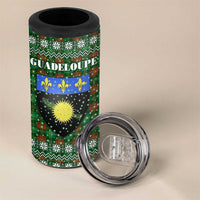 Guadeloupe Christmas 4 in 1 Can Cooler Tumbler with Green-Red Plaid Design, Sun and Sugarcane Emblem, and Santa Sleigh Motif - Wonder Print Shop