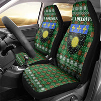 Guadeloupe Christmas Car Seat Cover with Green-Red Plaid Design, Sun and Sugarcane Emblem, and Santa Sleigh Motif - Wonder Print Shop