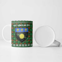 Guadeloupe Christmas Ceramic Mug with Green-Red Plaid Design, Sun and Sugarcane Emblem, and Santa Sleigh Motif - Wonder Print Shop