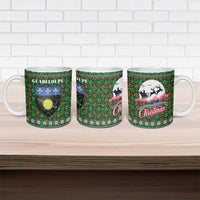 Guadeloupe Christmas Ceramic Mug with Green-Red Plaid Design, Sun and Sugarcane Emblem, and Santa Sleigh Motif - Wonder Print Shop