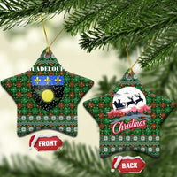 Guadeloupe Christmas Ceramic Ornament with Green-Red Plaid Design, Sun and Sugarcane Emblem, and Santa Sleigh Motif - Wonder Print Shop