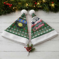 Guadeloupe Christmas Santa Hat with Green-Red Plaid Design, Sun and Sugarcane Emblem, and Santa Sleigh Motif - Wonder Print Shop