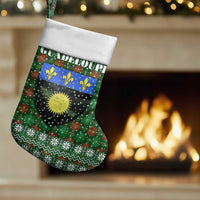 Guadeloupe Christmas Stocking with Green-Red Plaid Design, Sun and Sugarcane Emblem, and Santa Sleigh Motif - Wonder Print Shop