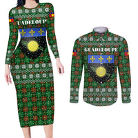Guadeloupe Christmas Couples Matching Long Sleeve Bodycon Dress and Long Sleeve Button Shirt with Green-Red Plaid Design, Sun and Sugarcane Emblem, and Santa Sleigh Motif - Wonder Print Shop