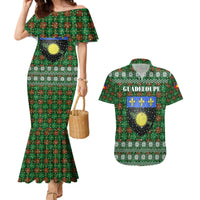 Guadeloupe Christmas Couples Matching Mermaid Dress and Hawaiian Shirt with Green-Red Plaid Design, Sun and Sugarcane Emblem, and Santa Sleigh Motif - Wonder Print Shop