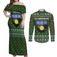 Guadeloupe Christmas Couples Matching Off Shoulder Maxi Dress and Long Sleeve Button Shirt with Green-Red Plaid Design, Sun and Sugarcane Emblem, and Santa Sleigh Motif - Wonder Print Shop
