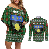 Guadeloupe Christmas Couples Matching Off Shoulder Short Dress and Long Sleeve Button Shirt with Green-Red Plaid Design, Sun and Sugarcane Emblem, and Santa Sleigh Motif - Wonder Print Shop
