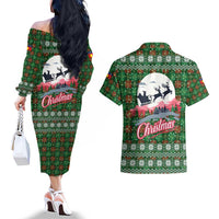 Guadeloupe Christmas Couples Matching Off The Shoulder Long Sleeve Dress and Hawaiian Shirt with Green-Red Plaid Design, Sun and Sugarcane Emblem, and Santa Sleigh Motif - Wonder Print Shop