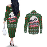 Guadeloupe Christmas Couples Matching Off The Shoulder Long Sleeve Dress and Long Sleeve Button Shirt with Green-Red Plaid Design, Sun and Sugarcane Emblem, and Santa Sleigh Motif - Wonder Print Shop