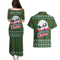 Guadeloupe Christmas Couples Matching Puletasi and Hawaiian Shirt with Green-Red Plaid Design, Sun and Sugarcane Emblem, and Santa Sleigh Motif - Wonder Print Shop