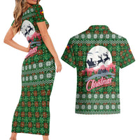 Guadeloupe Christmas Couples Matching Short Sleeve Bodycon Dress and Hawaiian Shirt with Green-Red Plaid Design, Sun and Sugarcane Emblem, and Santa Sleigh Motif - Wonder Print Shop
