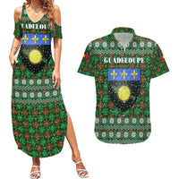 Guadeloupe Christmas Couples Matching Summer Maxi Dress and Hawaiian Shirt with Green-Red Plaid Design, Sun and Sugarcane Emblem, and Santa Sleigh Motif - Wonder Print Shop