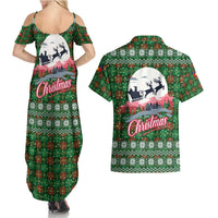 Guadeloupe Christmas Couples Matching Summer Maxi Dress and Hawaiian Shirt with Green-Red Plaid Design, Sun and Sugarcane Emblem, and Santa Sleigh Motif - Wonder Print Shop
