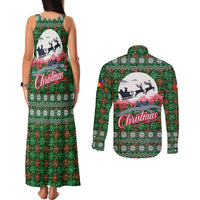 Guadeloupe Christmas Couples Matching Tank Maxi Dress and Long Sleeve Button Shirt with Green-Red Plaid Design, Sun and Sugarcane Emblem, and Santa Sleigh Motif - Wonder Print Shop