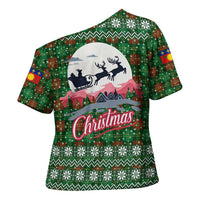 Guadeloupe Christmas Cross Shoulder Shirt with Green-Red Plaid Design, Sun and Sugarcane Emblem, and Santa Sleigh Motif - Wonder Print Shop