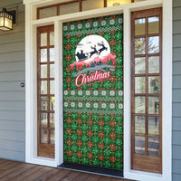 Guadeloupe Christmas Door Cover with Green-Red Plaid Design, Sun and Sugarcane Emblem, and Santa Sleigh Motif - Wonder Print Shop