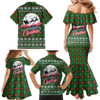 Guadeloupe Christmas Family Matching Mermaid Dress and Hawaiian Shirt with Green-Red Plaid Design, Sun and Sugarcane Emblem, and Santa Sleigh Motif - Wonder Print Shop