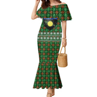 Guadeloupe Christmas Family Matching Mermaid Dress and Hawaiian Shirt with Green-Red Plaid Design, Sun and Sugarcane Emblem, and Santa Sleigh Motif - Wonder Print Shop