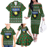 Guadeloupe Christmas Family Matching Off The Shoulder Long Sleeve Dress and Hawaiian Shirt with Green-Red Plaid Design, Sun and Sugarcane Emblem, and Santa Sleigh Motif - Wonder Print Shop