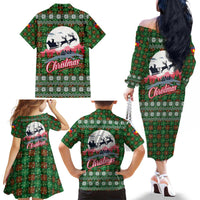Guadeloupe Christmas Family Matching Off The Shoulder Long Sleeve Dress and Hawaiian Shirt with Green-Red Plaid Design, Sun and Sugarcane Emblem, and Santa Sleigh Motif - Wonder Print Shop
