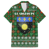 Guadeloupe Christmas Family Matching Off The Shoulder Long Sleeve Dress and Hawaiian Shirt with Green-Red Plaid Design, Sun and Sugarcane Emblem, and Santa Sleigh Motif - Wonder Print Shop