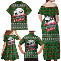 Guadeloupe Christmas Family Matching Off Shoulder Maxi Dress and Hawaiian Shirt with Green-Red Plaid Design, Sun and Sugarcane Emblem, and Santa Sleigh Motif - Wonder Print Shop