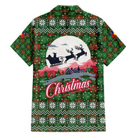 Guadeloupe Christmas Family Matching Off Shoulder Maxi Dress and Hawaiian Shirt with Green-Red Plaid Design, Sun and Sugarcane Emblem, and Santa Sleigh Motif - Wonder Print Shop