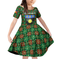 Guadeloupe Christmas Family Matching Off Shoulder Short Dress and Hawaiian Shirt with Green-Red Plaid Design, Sun and Sugarcane Emblem, and Santa Sleigh Motif - Wonder Print Shop