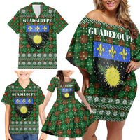 Guadeloupe Christmas Family Matching Off Shoulder Short Dress and Hawaiian Shirt with Green-Red Plaid Design, Sun and Sugarcane Emblem, and Santa Sleigh Motif - Wonder Print Shop