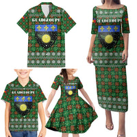 Guadeloupe Christmas Family Matching Puletasi and Hawaiian Shirt with Green-Red Plaid Design, Sun and Sugarcane Emblem, and Santa Sleigh Motif - Wonder Print Shop