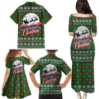Guadeloupe Christmas Family Matching Puletasi and Hawaiian Shirt with Green-Red Plaid Design, Sun and Sugarcane Emblem, and Santa Sleigh Motif - Wonder Print Shop