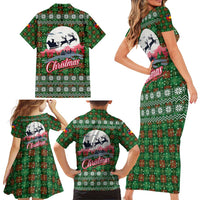 Guadeloupe Christmas Family Matching Short Sleeve Bodycon Dress and Hawaiian Shirt with Green-Red Plaid Design, Sun and Sugarcane Emblem, and Santa Sleigh Motif - Wonder Print Shop