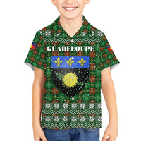 Guadeloupe Christmas Family Matching Short Sleeve Bodycon Dress and Hawaiian Shirt with Green-Red Plaid Design, Sun and Sugarcane Emblem, and Santa Sleigh Motif - Wonder Print Shop